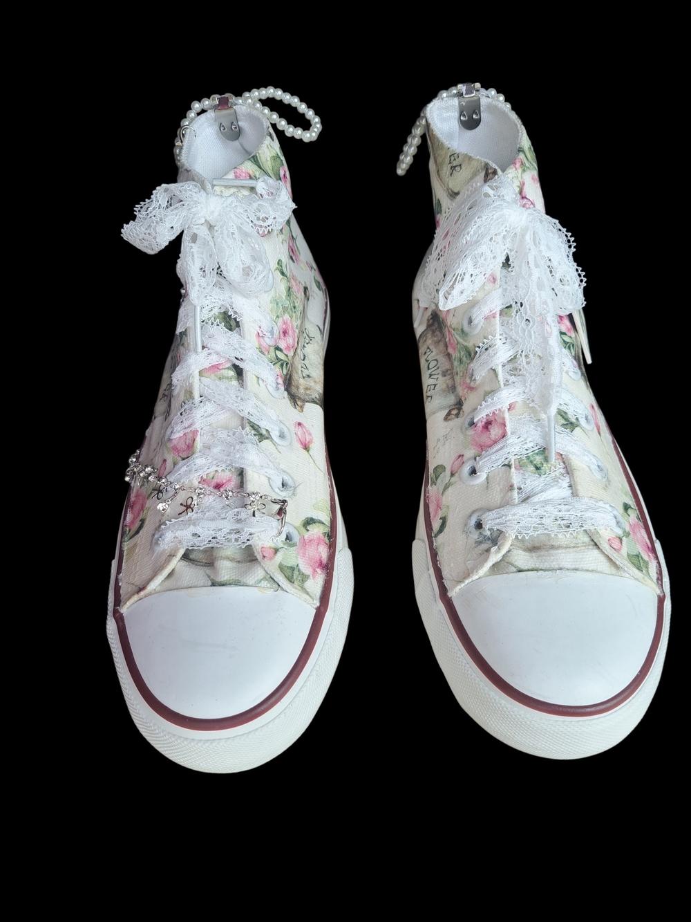 Handcrafted, Decopauged Floral High-Tops - Womens Size 9